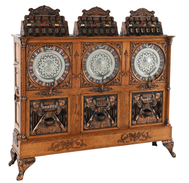 CAILLE BROTHERS “CENTAUR” TRIPLE SLOT MACHINE WITH RARE HARP CASTINGS