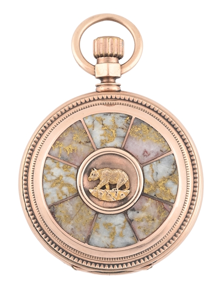 18K PINK WALTHAM CALIFORINA GOLD-QUARTZ H/C POCKET WATCH W/BEAR