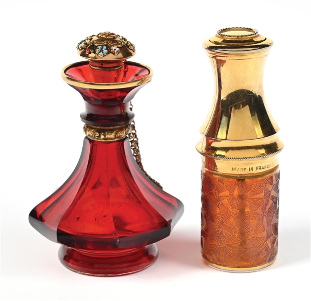 LOT OF 2: BOHEMIAN RUBY RED PERFUME BOTTLE & RED ART DECO PERFUME PUMP