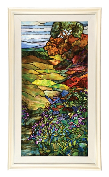 TIFFANY STUDIOS LANDSCAPE WINDOW W/ IRISES FROM THE SEYMOUR & EVELYN HOLTZMAN COLLECTION