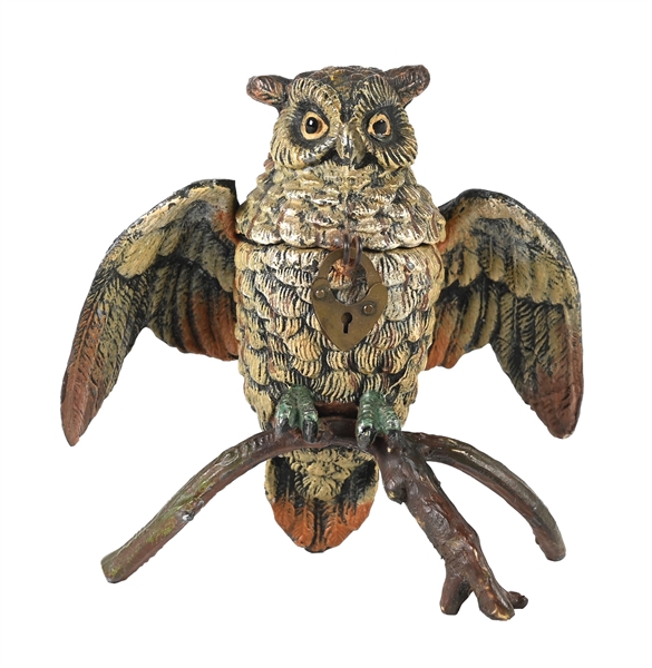 SPELTER OWL STILL BANK WITH LOCK 