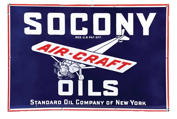 OUTSTANDING SOCONY AIRCRAFT OILS PORCELAIN SIGN WITH AIRPLANE GRAPHIC