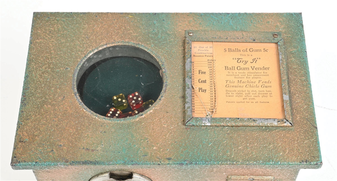 Lot Detail - "TRY IT" 5¢ DICE TRADE STIMULATOR W/ BALL GUM MECHANISM