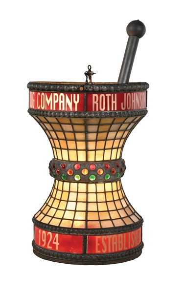 1924 IMPRESSIVE ROTH JOHNSON DRUG STORE LEADED GLASS MORTAR AND PESTLE TRADE SIGN