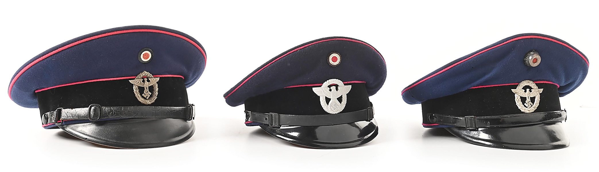 LOT OF 3: GERMAN WWII FIRE POLICE VISOR CAPS. 