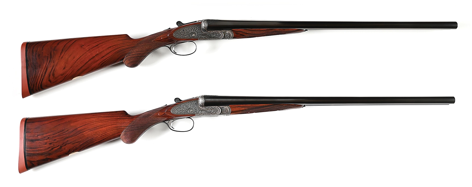 (C) NICELY REFURBISHED PAIR OF E.J. CHURCHILL PINLESS "PREMIER" XXV SIDELOCK EJECTOR SINGLE TRIGGER SHOTGUNS WITH ORIGINAL CASE.