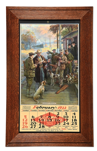 1922 WESTERN AMMUNITION LITOGRAPHED ADVERTISING CALENDAR - FRAMED
