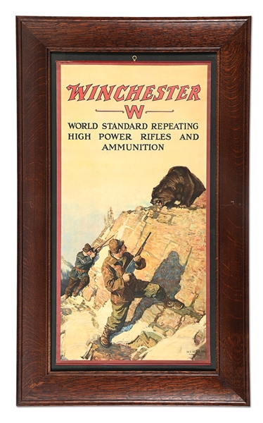 OUTSTANDING N. C. WYETH WINCHESTER BEAR & HUNTERS LITHOGRAPHED ADVERTISING