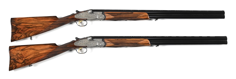 (M) LOVELY MATCHED PAIR OF BERETTA S3 EELL OVER-UNDER EJECTOR SINGLE TRIGGER GAME SHOTGUNS HAVING SUPERBLY CUT AND SHADED BAROQUE SCROLL ENGRAVING BY MASSEUZA, WITH CASE.