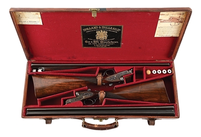 (C) FINE CASED PAIR OF 16 GAUGE HOLLAND & HOLLAND "ROYAL" HAMMERLESS EJECTOR SINGLE TRIGGER GAME SHOTGUNS ONCE THE PROPERTY OF MARY MILLICENT ABIGAIL ROGERS, SOCIALITE, FASHION ICON, AND ART COLLECTOR