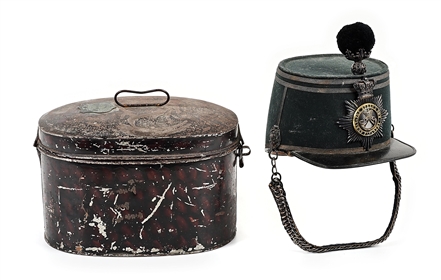 BRITISH VICTORIAN THE QUEENS OWN LIGHT INFANTRY SHAKO IN STORAGE TIN.
