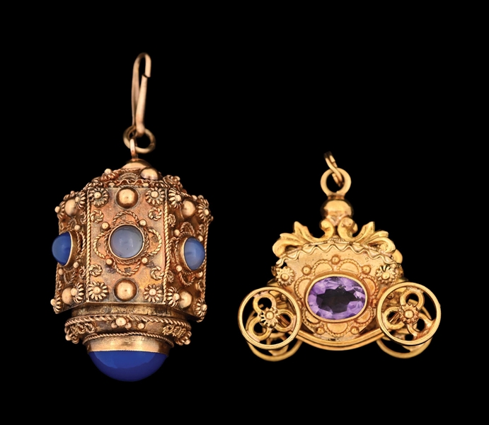 COLLECTION OF 2: ANTIQUE 14K GOLD JEWELED PENDANTS