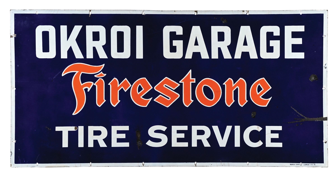 FIRESTONE TIRE SERVICE OKROI GARAGE PORCELAIN SIGN