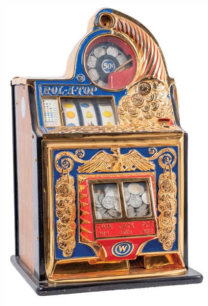 50¢ WATLING ROL-A-TOP TWIN JACKPOT SLOT WITH BAG OF SILVER