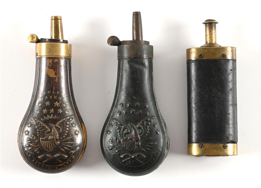 Lot Detail - LOT OF 3: MID 19TH CENTURY POCKET REVOLVER POWDER FLASKS.