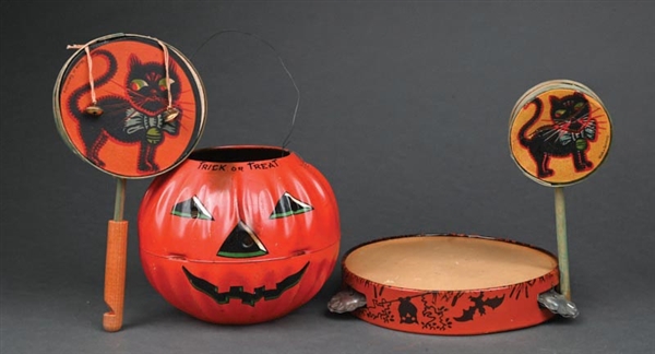LOT OF 4: 3 HALLOWEEN NOISE MAKERS AND 1 TIN PUMPKIN