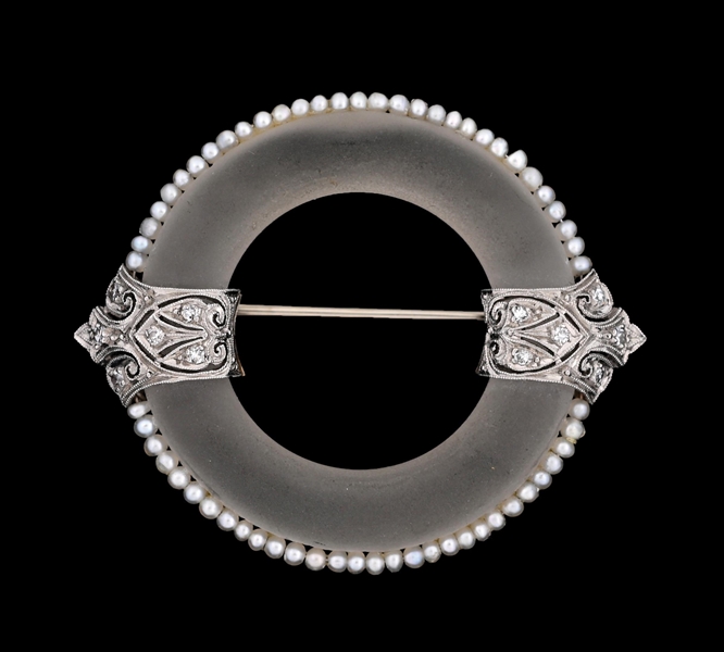PLATINUM ROCK CRYSTAL BROOCH W/SEED PEARLS & DIAMONDS