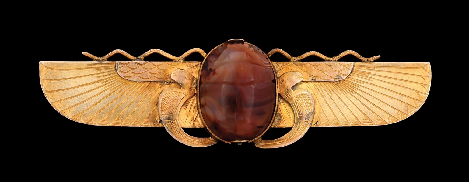 9K GOLD ANTIQUE AGATE SCARAB BROOCH