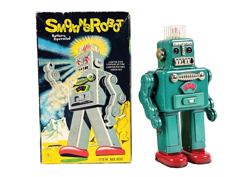 RARE JAPANESE TIN LITHO BATTERY-OPERATED SMOKING ROBOT IN ORIGINAL BOX