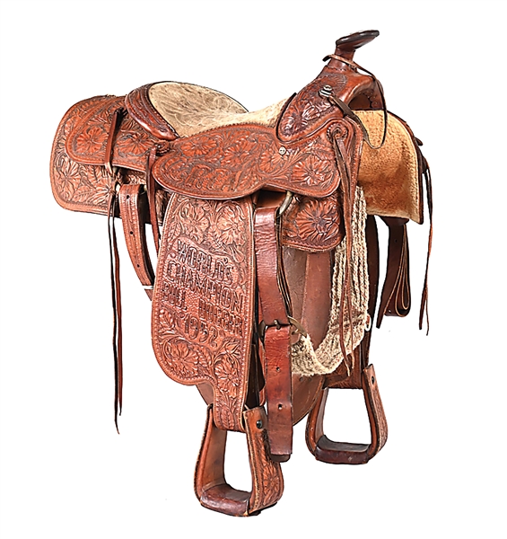 C. 1952 ROWELL SADDLE CO. HARLEY MAY WORLD CHAMPION TOOLED LEATHER FLORAL PATTERN SADDLE