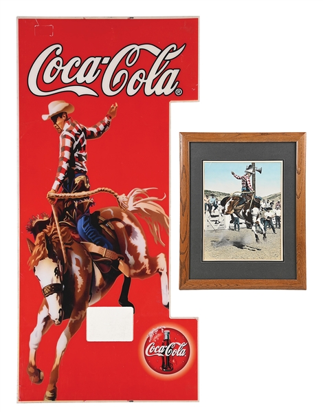 LOT OF 2: COCA-COLA DOOR PANEL FEATURING HARLEY MAY ON WAR PAINT AND FRAMED PICTURE