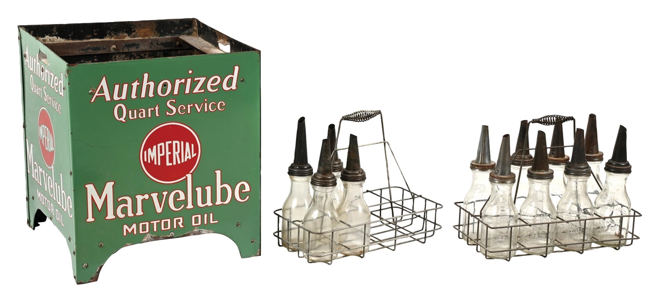 IMPERIAL MARVELUBE MOTOR OIL BOTTLE DISPLAY RACK W/ 12 GLASS BOTTLES