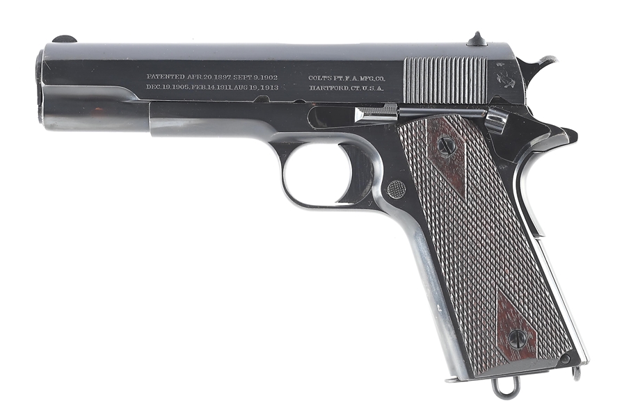 (C) BRITISH SHIPPED COLT COMMERICAL 1911 GOVERNMENT MODEL .45 ACP SEMI-AUTOMATIC PISTOL WITH BRITISH PROOFS AND HOLSTER.