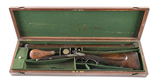 (A) CASED CHARLES LANCASTER PERCUSSION DOUBLE RIFLE.