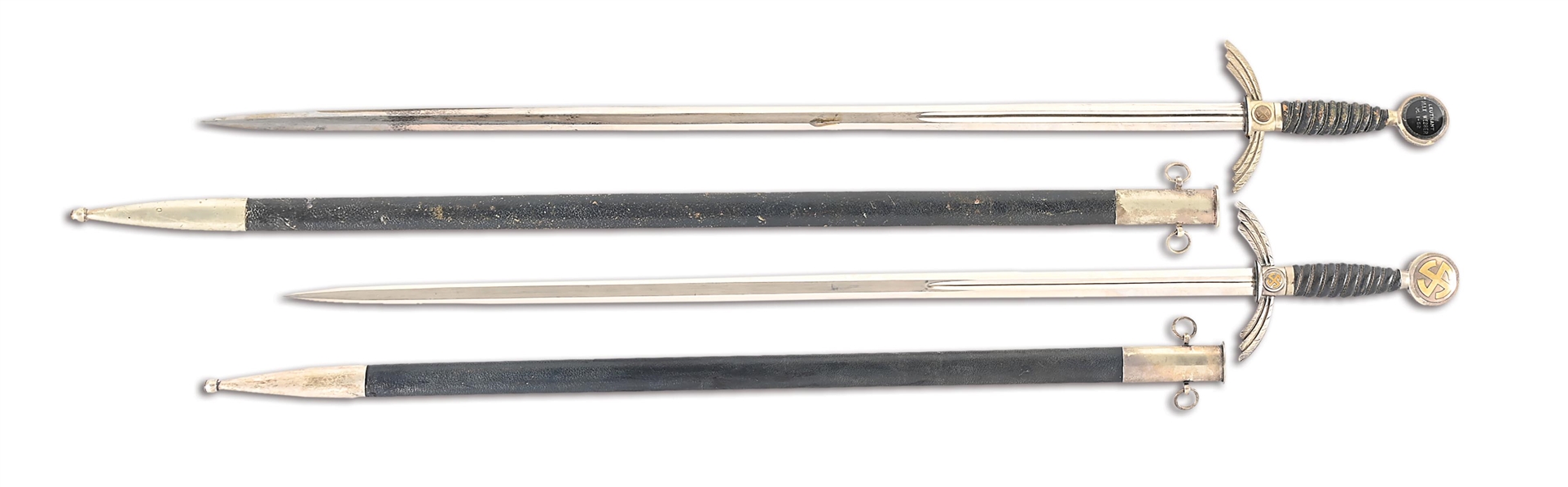 LOT OF TWO GERMAN WORLD WAR II LUFTWAFFE 1ST MODEL SWORDS, ONE IDENTIFIED.