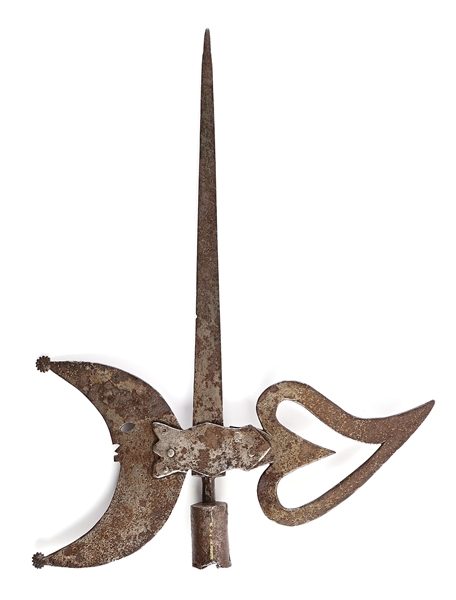 FASCINATING FOLK ART AMERICAN HALBERD HEAD, BLACKSMITH MADE USING BRITISH BAYONET. 