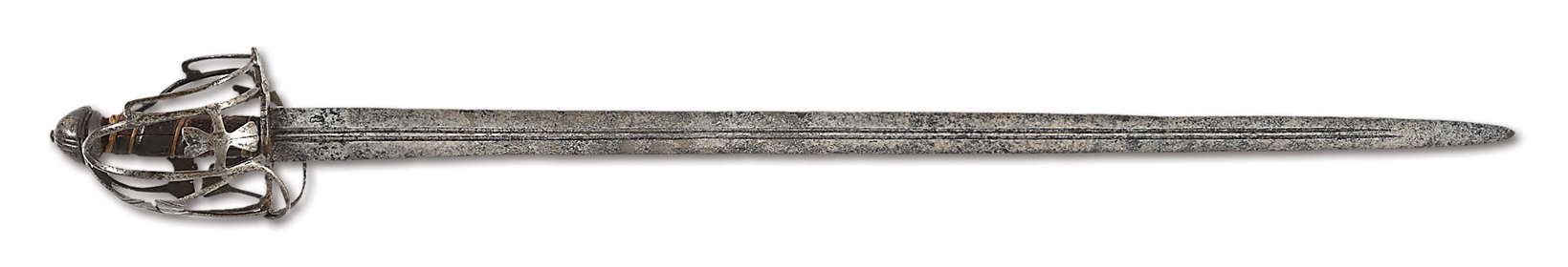 EARLY SCOTTISH BASKET HILT BROADSWORD MARKED CLEMENS BRACH.