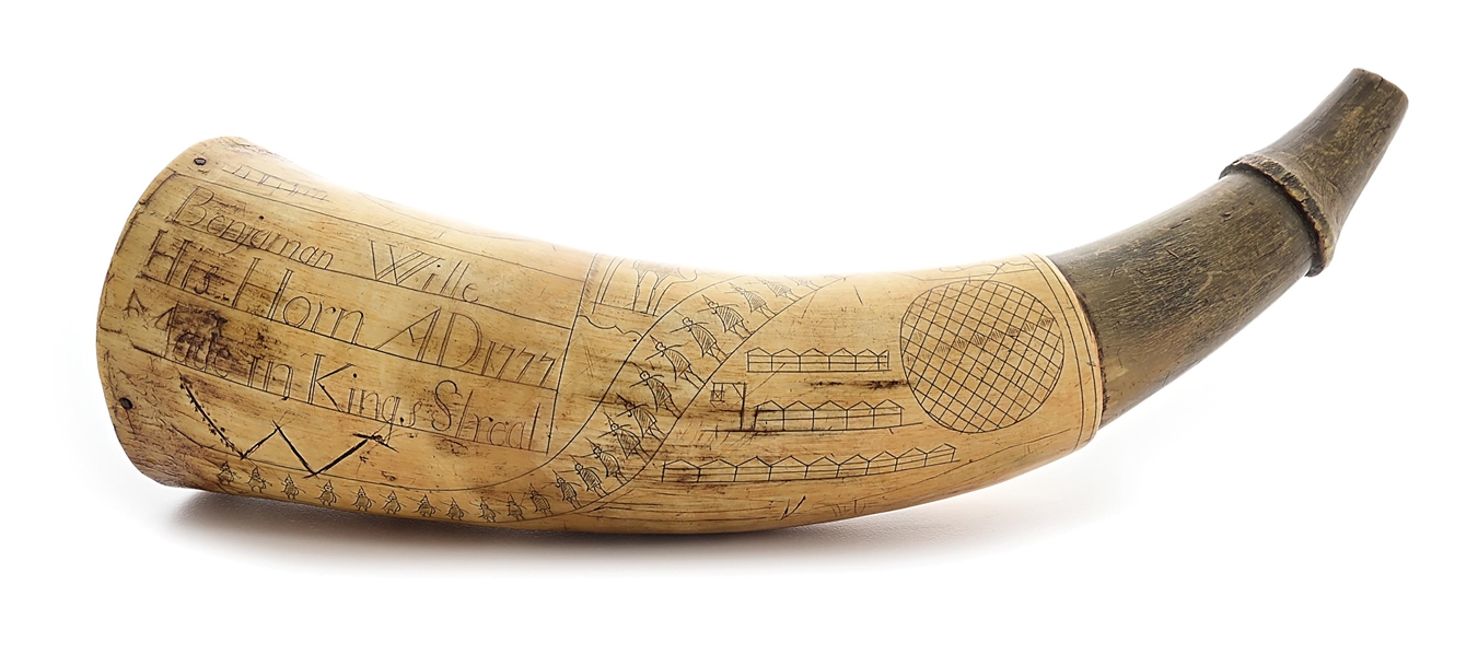 ENGRAVED REVOLUTIONARY WAR POWDER HORN OF BENJAMIN WILLE INSCRIBED LIBERTY AND PROPERTY NO STAMP ACT 1777.