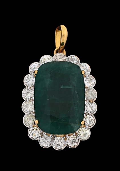 18K GOLD ZAMBIAN EMERALD & DIAMOND PENDANT W/REPORT