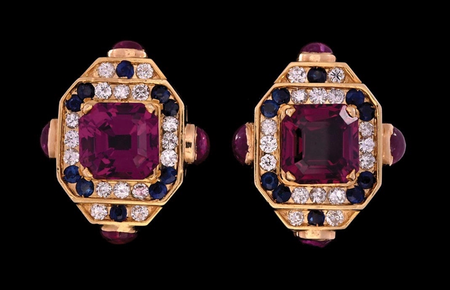 18K GOLD RUBELLITE, DIAMOND & SAPPHIRE EARRINGS