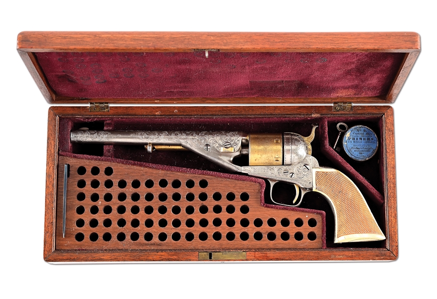 (A) ENGRAVED COLT 1861 NAVY CONVERSION SINGLE ACTION REVOLVER WITH CASE.
