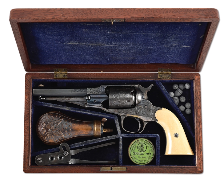 (A) FACTORY ENGRAVED REMINGTON NEW MODEL BELT MODEL SINGLE ACTION PERCUSSION REVOLVER IN CASE.