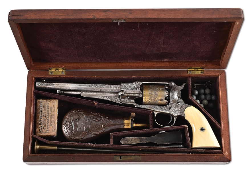 (A) ENGRAVED REMINGTON 1858 NEW MODEL ARMY SINGLE ACTION PERCUSSION REVOLVER WITH CASE. 