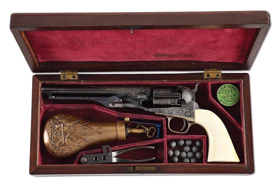 (A) ENGRAVED COLT 1860 FLUTED ARMY SINGLE ACTION PERCUSSION REVOLVER WITH CASE.