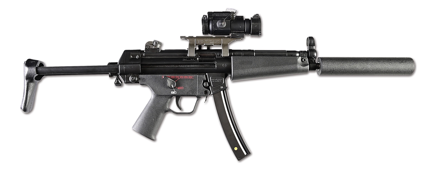 (N) S&H ARMS HECKLER & KOCH REGISTERED AUTO SEAR MACHINE GUN IN HK MP5 MARKED HOST GUN WITH TELESCOPING STOCK, AIMPOINT, STOCK, AND SILENCER (FULLY TRANSFERABLE).