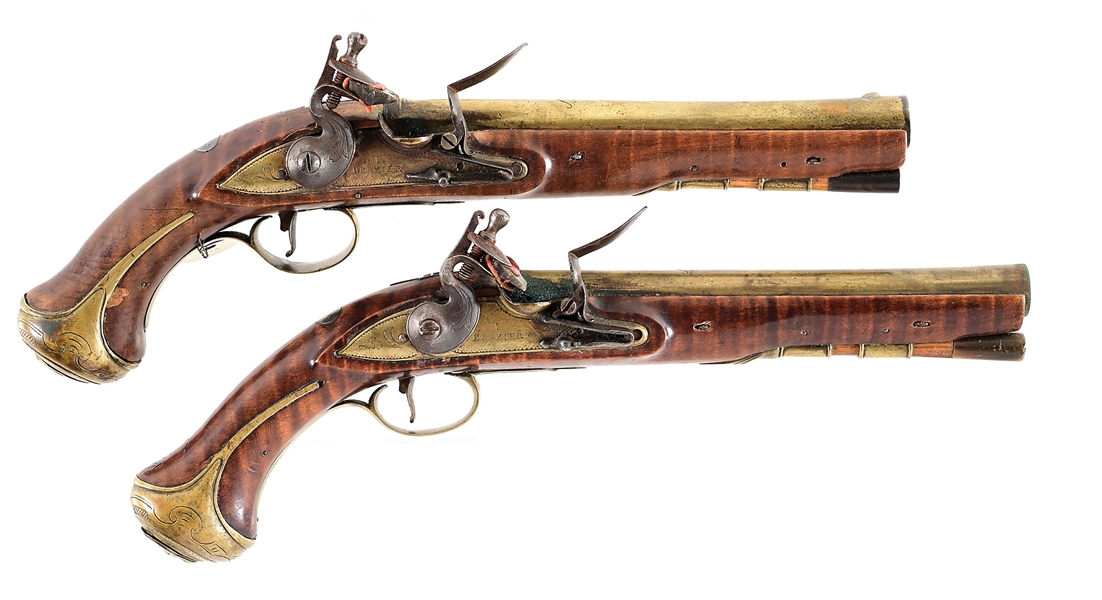(A) PAIR OF BRASS BARRELED BRAZIER FLINTLOCK OFFICERS PISTOLS 