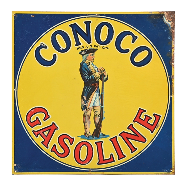 CONOCO GASOLINE EMBOSSED TIN SIGN WITH MINUTEMAN GRAPHIC