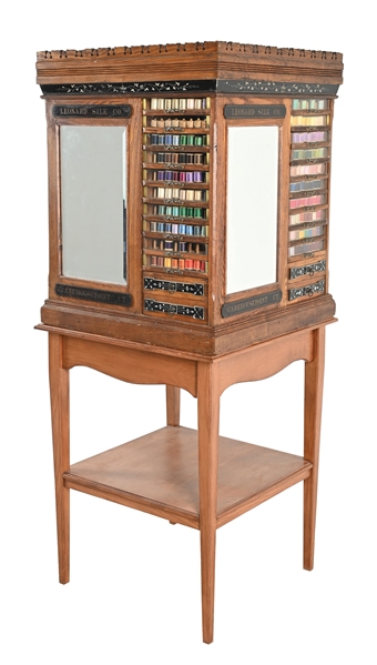 LEONARD SILK CO. WOOD SPOOL CABINET WITH BASE