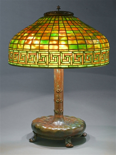 TIFFANY STUDIOS DICHROIC GREEK KEY LEADED GLASS TABLE LAMP