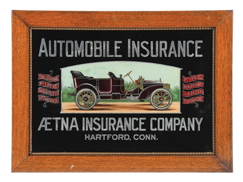 OUTSTANDING AETNA INSURANCE COMPANY REVERSE PAINTED GLASS SIGN W/ EARLY AUTOMOBILE GRAPHIC
