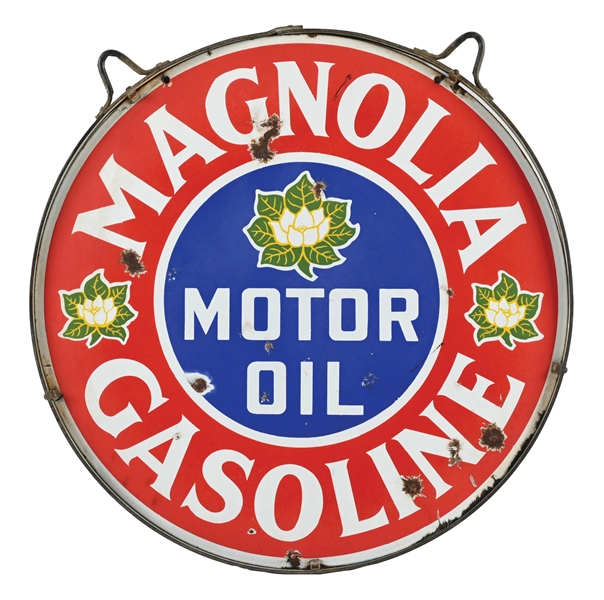 MAGNOLIA GASOLINE & MOTOR OIL PORCELAIN SIGN WITH ORIGINAL RING