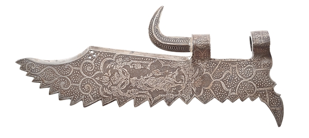 GLAIVE HEAD WITH MYTHOLOGICAL ETCHINGS.