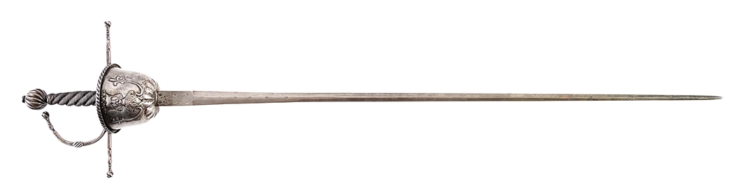 FINE REPPOUSSE DECORATED CUP HILT RAPIER.