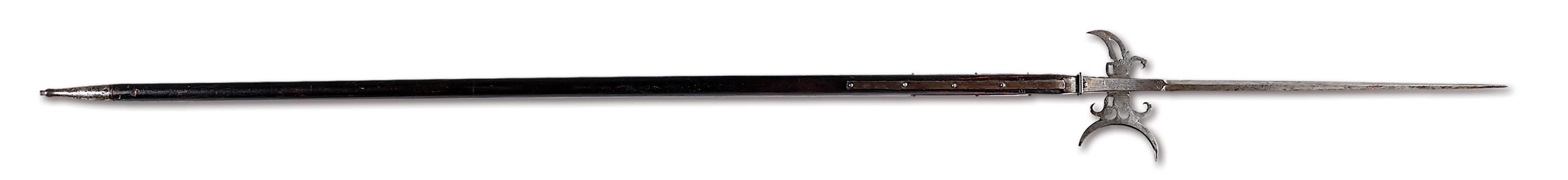 FINE ENGRAVED HALBERD WITH HAFT.