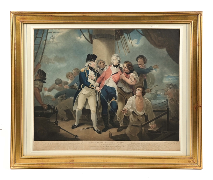 NAPOLEONIC ERA HAND-COLORED PRINT OF CAPTAIN TROLLOPE IN HMS GLATTON, 1797.