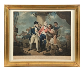 NAPOLEONIC ERA HAND-COLORED PRINT OF CAPTAIN TROLLOPE IN HMS GLATTON, 1797.